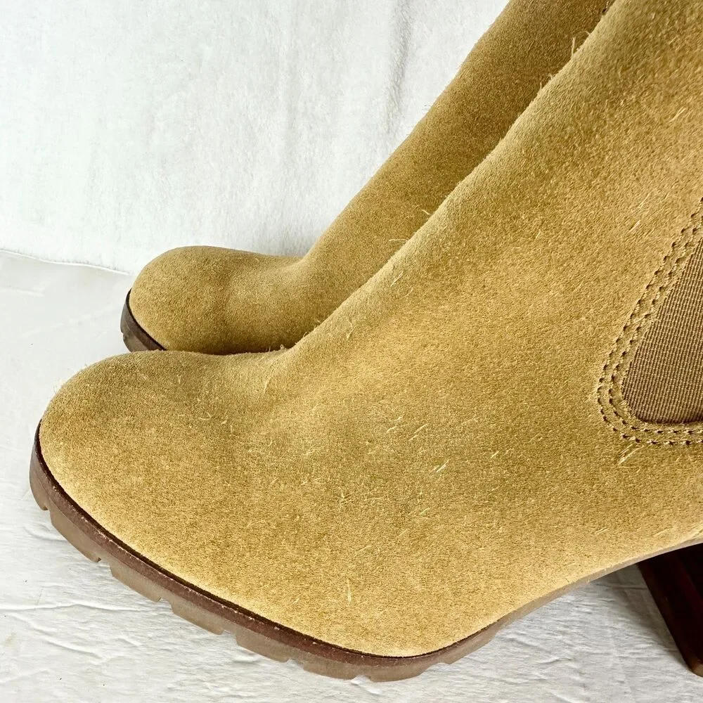 Tory Burch Stafford Suede Ankle Boots Size 8 Tan Beige Pull On Wood Block Heel